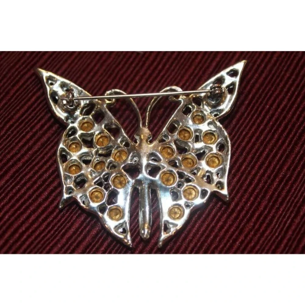 Vintage White Blue and Amber Rhinestone Butterfly Silver Color Brooch/Pin